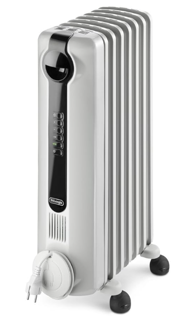 DeLonghi Radia S Oil-Filled Radiator Space Heater, Full Room Quiet 1500W, Adjustable Thermostat, 3 Heat Settings, Digital Timer, ECO Energy Saving Mode, Safety Features, Light Gray, TRRS0715E
