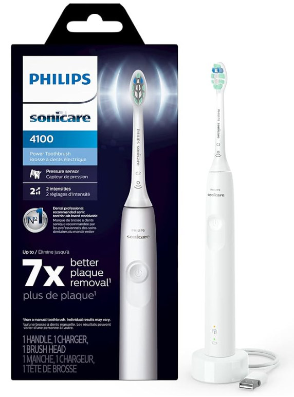Philips Sonicare 4100 Rechargeable Electric Toothbrush, with Pressure Sensor, 2 Intensity Settings, SmarTimer and QuadPacer