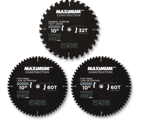 MAXIMUM 10-in 32/60T Carbide Tipped Circular Saw Blade Set for Wood, 3-pc