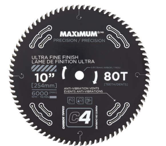 MAXIMUM 10-in 80T Carbide Tipped Ultra Fine Finish Circular Saw Blade for Wood