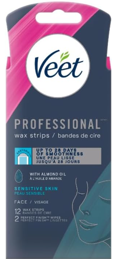 VEET Professional Wax Strips, For Face, Sensitive Skin, With Almond Oil, 12 ct