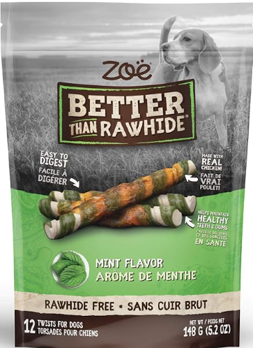 Zoe Better Than Rawhide Twists for Dogs, Mint Flavor, 12 Pack