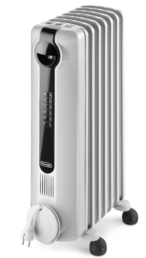 DeLonghi Radia S Oil-Filled Radiator Space Heater, Full Room Quiet 1500W, Adjustable Thermostat, 3 Heat Settings, Digital Timer, ECO Energy Saving Mode, Safety Features, Light Gray, TRRS0715E