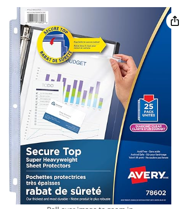 Avery Diamond Clear Secure Top Sheet Protectors, Top Flap-Pocket Loading Transparent, Fits Letter Size, 8.5" x 11", 25 Sheets (78602)