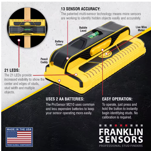 Franklin Sensors ProSensor M210 Full Width Center and Edge Stud Finder with 13-Sensors and Live Wire Meter/Wood and Metal Stud Detector