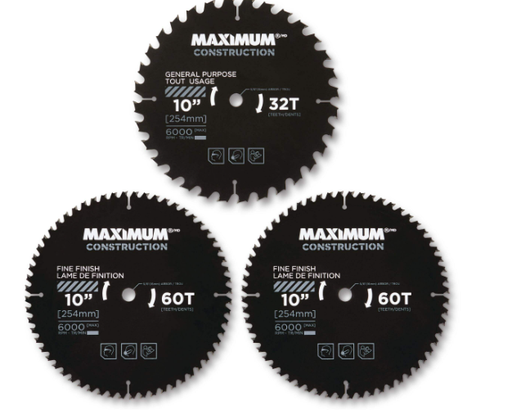 MAXIMUM 10-in 32/60T Carbide Tipped Circular Saw Blade Set for Wood, 3-pc