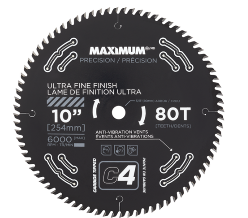 MAXIMUM 10-in 80T Carbide Tipped Ultra Fine Finish Circular Saw Blade for Wood