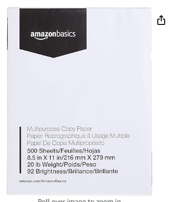 Amazon Basics Multipurpose Copy Printer Paper, 8.5" x 11", 20 lb, 1 Ream, 500 Sheets, 92 Bright, White